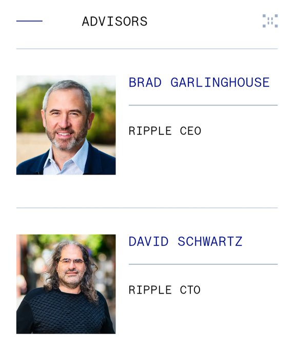 The image displays an "ADVISORS" section featuring Brad Garlinghouse (Ripple CEO) and David Schwartz (Ripple CTO), highlighting key Ripple executives serving as advisors, which relates to the post about Evernorth's advisors and board of directors in the #XRP community.