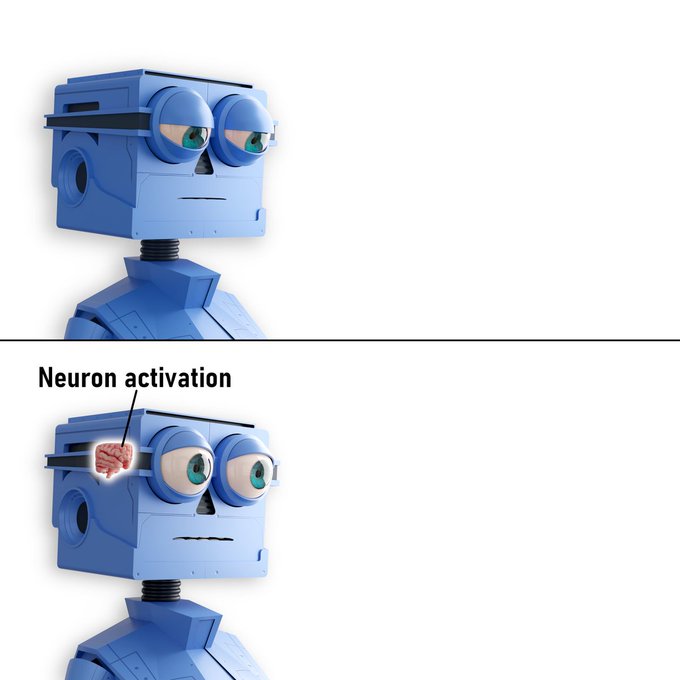 A robot with a neutral expression is shown above the same robot after 'Neuron activation,' depicted by a brain, giving it wide eyes and a smile.