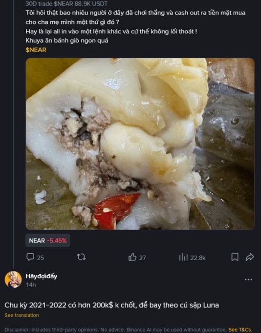 A screenshot of a social media post in Vietnamese discussing the NEAR token (NEAR 88.9K USDT), showing a photo of traditional Vietnamese bánh giò and a current NEAR price of -5.45%, posted by user 'Hãyđợiđấy'.