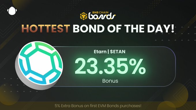 A promotional banner from BNB Chain Bonds advertising the 'HOTTEST BOND OF THE DAY!' featuring Etarn ($ETAN) with a 23.35% Bonus and 5% Extra Bonus on first EVM Bonds purchases.
