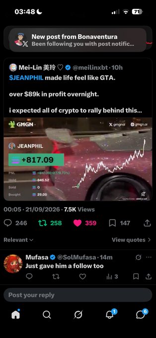 A mobile X (Twitter) screenshot showing a post by Mei-Lin 美玲 claiming '$JEANPHIL made life feel like GTA,' with an attached image of a stock chart showing a +$817.09 gain (+278.73%), and a related reply from Mufasa @SolMufasa.