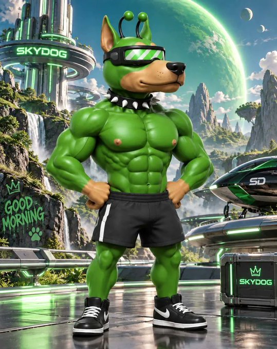 A cartoonish, muscular anthropomorphic dog character with green skin wearing green shorts, black and white sneakers, and reflective sunglasses, standing in a futuristic sci-fi setting with a 'SKYDOG' sign in the background and 'GOOD MORNING' text with a paw print on the left.