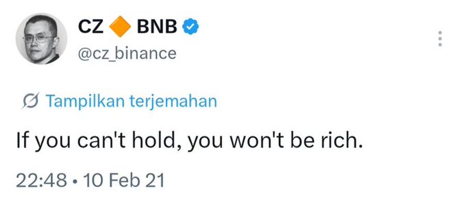 The image shows a tweet from verified user CZ (@cz_binance) featuring his profile photo, the BNB ticker, and a verified badge. The tweet, posted on Feb 10, 2021, reads "If you can't hold, you won't be rich." — reinforcing the post's message about the importance of patience and conviction in holding the right investment.