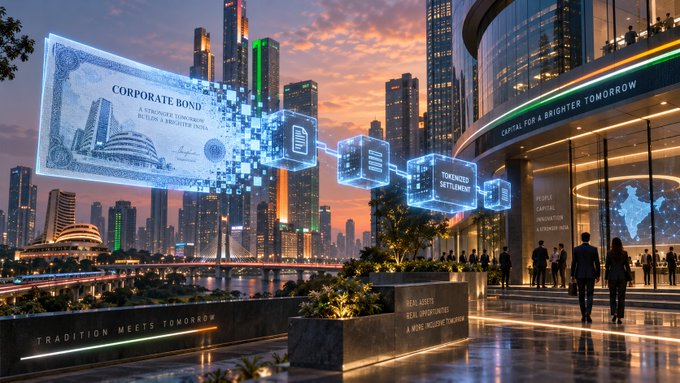 A futuristic cityscape at sunset featuring a holographic 'CORPORATE BOND' document floating in the air alongside digital document icons, with text including 'TRADITION MEETS TOMORROW' and 'TOKENIZED SETTLEMENT'.