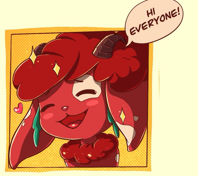 An illustrated red anthropomorphic character with curly hair and small horns smiles with eyes closed and says 'HI EVERYONE!' in a speech bubble against a yellow dotted background.