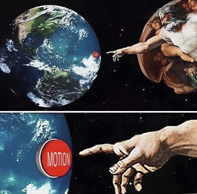 A creative edit of Michelangelo's "Creation of Adam" fresco, where God's outstretched finger touches Earth and reveals a red "MOTION" token logo instead of a human hand, symbolizing the poster's message that "$Motion" is a divine, once-in-a-generation opportunity. The bottom panel zooms in on the iconic finger touch, with the token label filling the space where Adam's finger would be.