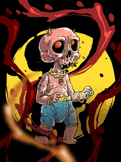A stylized illustration of a cartoonish zombie character with horns, wearing blue shorts and a gold chain, set against a yellow and red background.