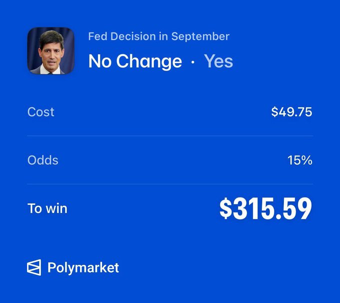 A Polymarket betting interface shows a wager on the "Fed Decision in September" with the option "No Change · Yes," costing $49.75 with 15% odds and a potential win of $315.59, featuring a photo of a Federal Reserve official.