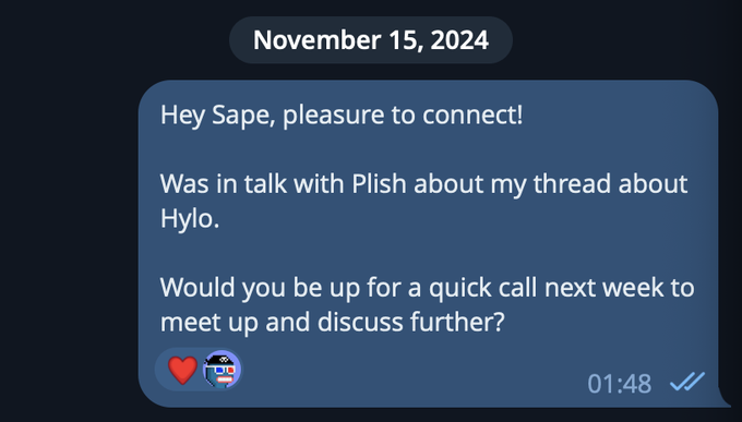 A WhatsApp message dated November 15, 2024 from an unknown contact saying "Hey Sape, pleasure to connect!" who mentions being in talks with "Plish" about a thread on Hylo and invites a call next week. The message corresponds with the post promoting Hylo's $hyUSD decentralized stablecoin on Solana.