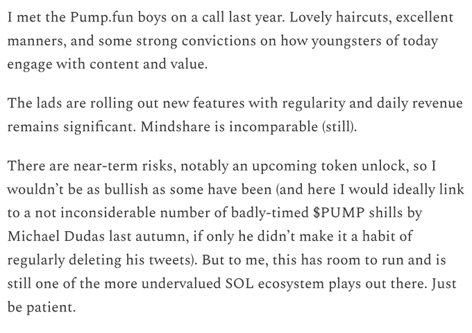 The image shows a newsletter excerpt discussing Pump.fun, praising the team's haircut, manners, and market mindshare, while noting near-term risks from an upcoming $PUMP token unlock but suggesting it remains an undervalued SOL ecosystem play. The text aligns with the accompanying post by sharing the author's positive but cautious outlook on $PUMP, referencing Michael Dudas's deleted shills and echoing the "be patient" sentiment as $ANSEM helps revive interest in the token.