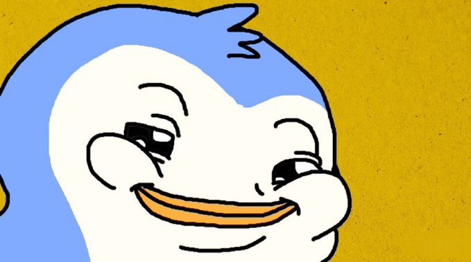 A smug-looking cartoon face with blue hair and a wide grin is set against a yellow background. The image, with its disappearing hair resembling a waning crescent moon, humorously illustrates the post's reference to the moon vanishing along with market liquidity.