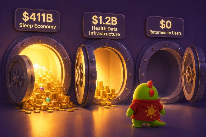 A 3D illustration of three bank vaults labeled '$411B Sleep Economy', '$1.2B Health Data Infrastructure', and '$0 Returned to Users', with the first two open revealing piles of gold coins and a small green dragon-like character standing in front.