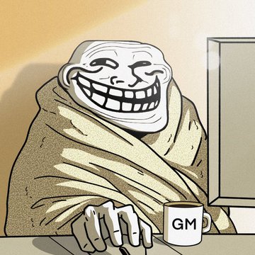 An illustration of the classic trollface meme wrapped in a blanket, smiling mischievously while using a computer with a mug labeled 'GM' beside it.