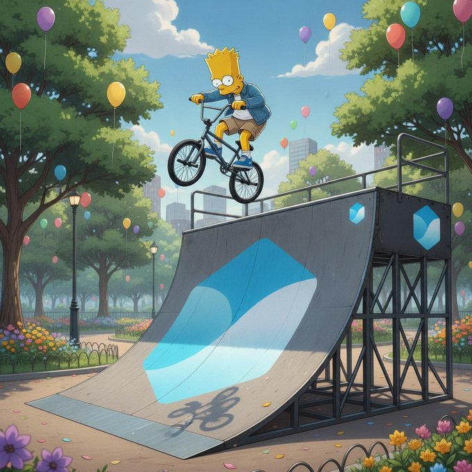 A colorful illustration of Bart Simpson performing a BMX stunt mid-air above a skate ramp featuring a blue logo, surrounded by trees, balloons, and a sunny park scene.