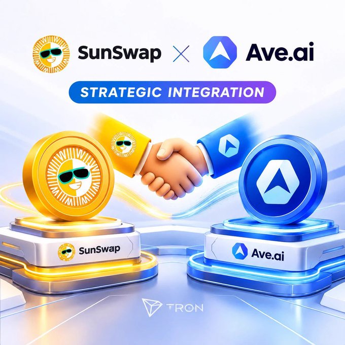 Promotional graphic announcing a "STRATEGIC INTEGRATION" between SunSwap and Ave.ai on the TRON blockchain, featuring a handshake between cartoon hands with golden and blue coin logos on pedestals.
