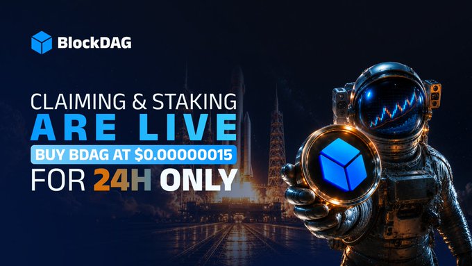 A promotional banner for BlockDAG (BDAG) announces that claiming and staking are now live, featuring an astronaut holding a glowing BDAG coin against a space backdrop with rockets. The graphic highlights a limited 24-hour offer to buy BDAG at $0.00000015, aligning with the post's call to action for users to claim their tokens from Batches 1–6 and start earning staking rewards.