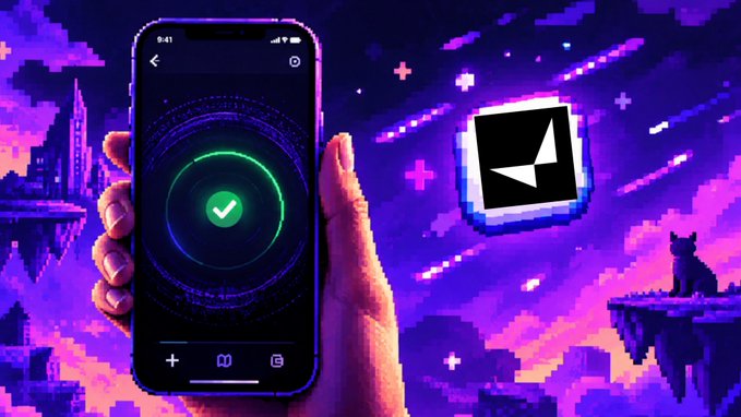 A hand holds a smartphone displaying a green checkmark, alongside a stylized icon and a purple retro-pixel art cityscape background.