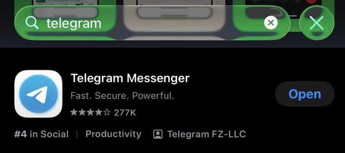 A screenshot of the App Store showing Telegram Messenger ('Fast. Secure. Powerful.') ranked #4 in Social/Productivity with 277K ratings and an 'Open' button, with a 'telegram' search visible at the top.