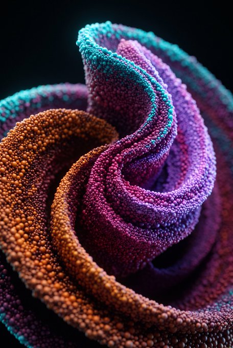 A close-up macro shot shows a swirl of colorful textured fabric with small bumps in shades of orange, purple, and blue.