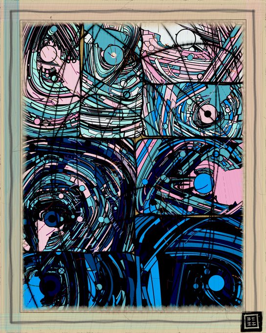 An abstract artwork featuring swirling blue, pink, and black patterns divided into panel-like sections.