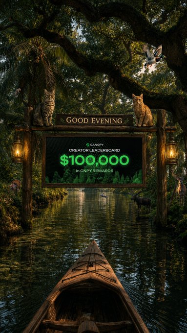 A fantasy forest scene with a canoe on a river, featuring a wooden sign that reads 'GOOD EVENING' topped with two cats, alongside a 'CANOPY CREATOR LEADERBOARD $100,000 IN CNPY REWARDS' display.