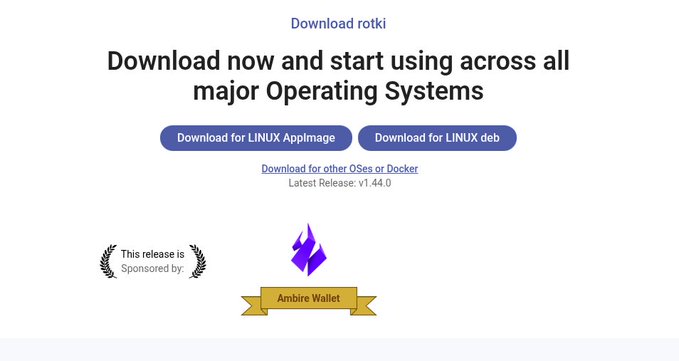 A webpage for downloading 'rotki' showing options for 'LINUX AppImage', 'LINUX deb', and other OSes, with the current release being v1.44.0 sponsored by Ambire Wallet.