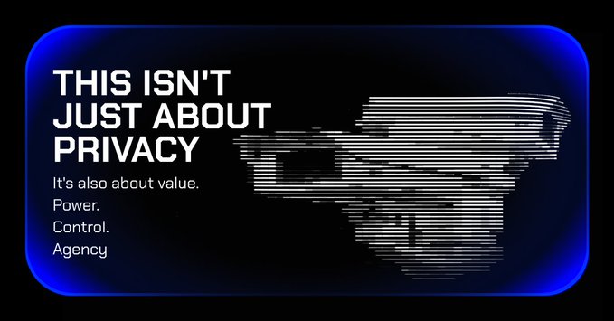 A dark graphic with text reading 'THIS ISN'T JUST ABOUT PRIVACY' followed by 'It's also about value. Power. Control. Agency,' alongside a pixelated hand pointing.