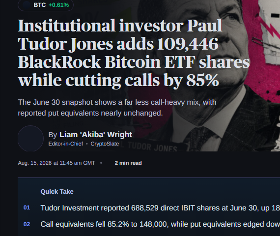 The image is a CryptoSlate news article headline stating "Institutional investor Paul Tudor Jones adds 109,446 BlackRock Bitcoin ETF shares while cutting calls by 85%," with the byline of editor-in-chief Liam 'Akiba' Wright and a publication date of August 15, 2026. It visually supports the post's description of Tudor Jones increasing his direct IBIT ETF holdings while sharply reducing his call option exposure, capturing the exact figures and ticker (IBIT) referenced in the commentary.