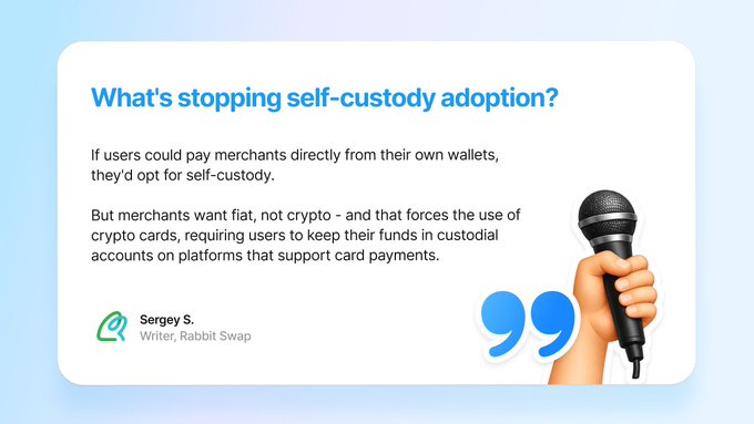 A quote card from Rabbit Swap's writer Sergey S. titled "What's stopping self-custody adoption?" explaining that merchants want fiat, not crypto, forcing users onto custodial platforms through crypto cards. The image complements the post's point that self-custody is preferred in theory, but real-world payment friction keeps users on custodial exchanges.