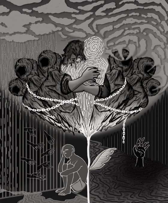 A dark grayscale illustration depicting a shrouded figure emerging from a flower-like structure with chains, with hands reaching out and a person crouched below in a melancholic, surreal scene.