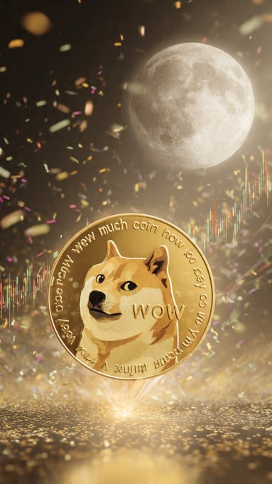 This picture features a digitally-created gold coin with the image of a dog and the word "Wow" on the surface, surrounded by a cosmic theme with a moon hanging in the background. The glitter of gold and mention of coin speak to the nature of the cryptocurrency known as Dogecoin.