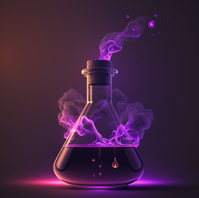 A bubbling Erlenmeyer flask with purple smoke wafting out of the cork stopper evokes the image of a magical potion being brewed, visually representing the "decentralized exchange that actually works" as a seemingly impossible but successfully concocted elixir.