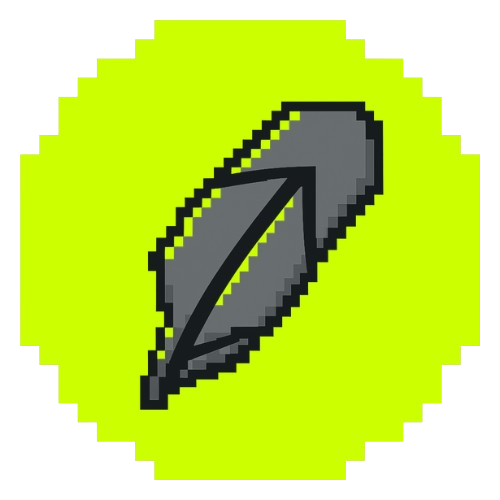 A simple pixel art icon depicts a gray feather or leaf shape inside a bright neon yellow circle.