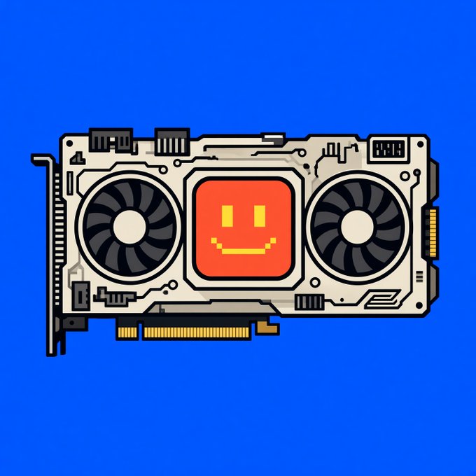 An illustration of a graphics card (GPU) with a pixelated orange smiley face on its central display, set against a solid blue background.