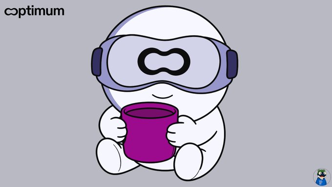 A cartoon mascot wearing a VR headset and holding a purple mug sits against a gray background with the 'optimum' logo in the corner.