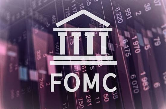 The image displays a graphic featuring the FOMC (Federal Open Market Committee) logo, depicted as a classical building with columns, overlaid against a background of financial market data screens showing various stock tickers and numbers in a purple/pink hue.

The image directly relates to the post by branding the FOMC logo and prominently displaying the "FOMC" text, signaling the key event being discussed—the release of FOMC minutes following the July meeting where 9-3 vote to hold rates was held at 3.50%-3.75%.