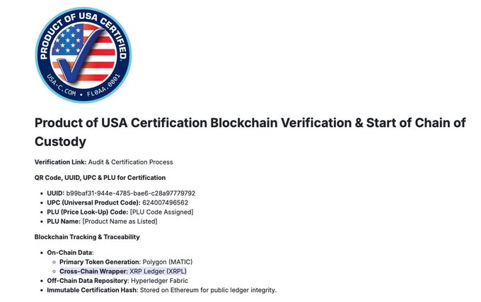 A "Product of USA Certified" badge and certification document for MADE IN USA INC., detailing blockchain verification on the XRP Ledger (XRPL) with Polygon (MATIC) as the primary token, including UUID (b99baf31-944e-4785-bae6-c28a97779792), UPC, and PLU codes for product traceability.