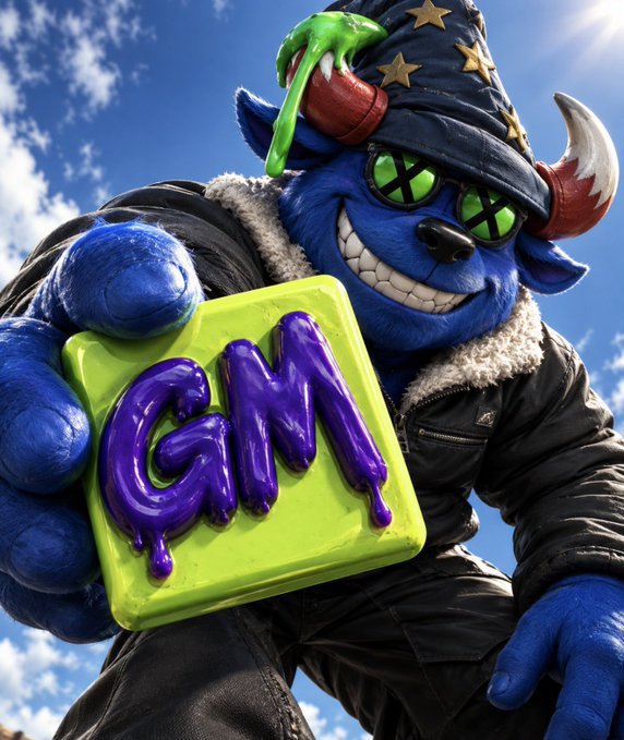 A blue furry character wearing a black jacket and horned hat with green X-shaped eyes holds a yellow-green sign with purple dripping letters spelling 'GM'.