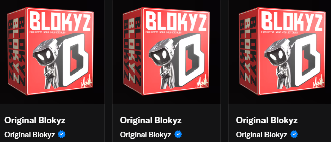 Three identical 3D red and black boxes labeled "BLOKYZ" featuring a robot character, listed as "Original Blokyz" with a verified checkmark.