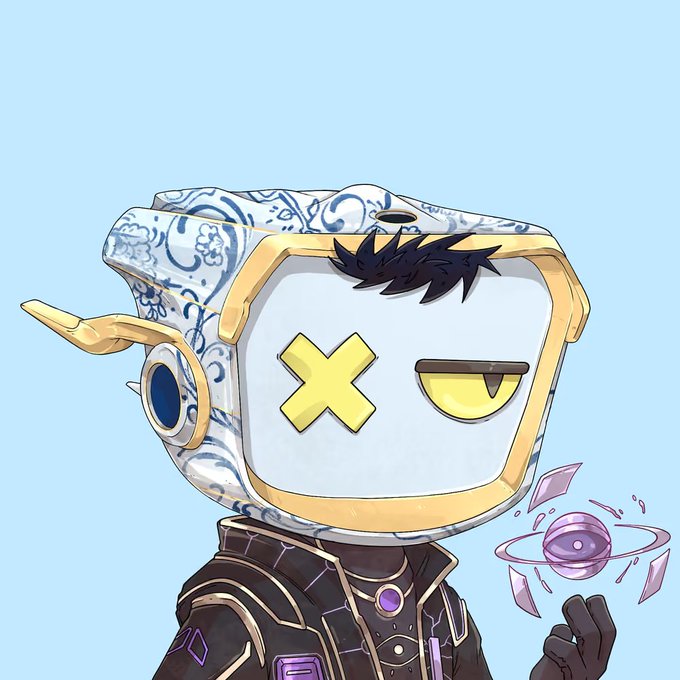 An illustration of a robotic character with a TV-like head displaying an 'X' over one eye, decorated with blue and white floral patterns and a yellow frame, wearing a dark outfit.