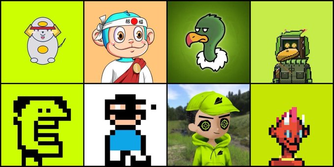 A grid of eight cartoon-style avatars and characters on a green background, including various designs like a cat, a monkey warrior, an eagle, and pixel art figures.