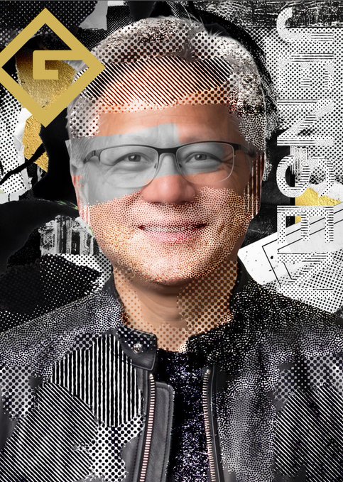 A stylized halftone portrait of Jensen Huang, NVIDIA's CEO, wearing his signature black jacket and glasses, layered with graphic elements including a gold "G" logo, tying to the post's announcement of the "gJENSEN" token.