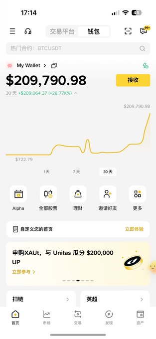 The image shows a crypto wallet app (Binance) displaying a Bitcoin portfolio valued at $209,790.98, with a 30-day gain of +$209,064.37 (+28.77%), showing the dramatic growth from $722.79 to over $209,790. The screenshot illustrates the post's claim about impressive returns ("playing Robinhood Chain for a month"), likely showcasing how a small initial Bitcoin investment grew into a substantial six-figure portfolio.