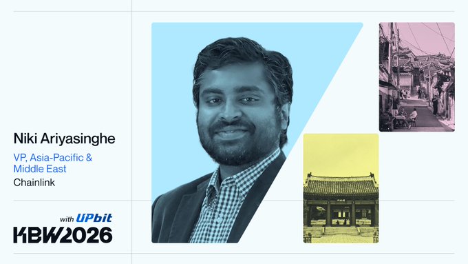 A promotional graphic for KBW2026 featuring Niki Ariyasinghe, VP of Asia-Pacific & Middle East at Chainlink, presented 'with UPbit', with decorative images of Asian architecture.