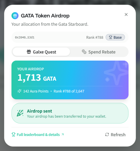A GATA Token Airdrop notification screen showing an allocation of 1,713 GATA tokens at Rank #788 on Base chain with 142 Aura Points, confirming 'Airdrop sent' to wallet.
