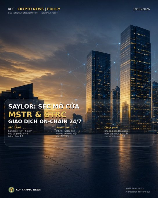 A crypto news poster dated '18/09/2026' features the headline 'SAYLOR: SEC MỞ CỬA MSTR & STRC GIAO DỊCH ON-CHAIN 24/7' with 'KOF CRYPTO NEWS' branding and Vietnamese subtitle text over a cityscape background.