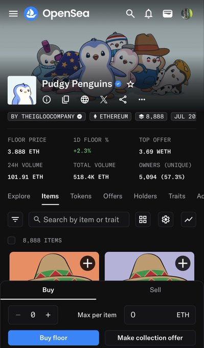 OpenSea listing for Pudgy Penguins NFT collection showing a floor price of 3.888 ETH with 8,888 items.