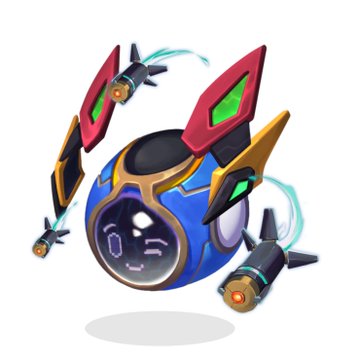 A 3D illustration of a small blue robotic character with red and green accents, featuring a digital face display and what appears to be weapon-like attachments.