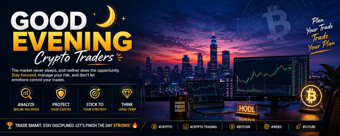 A 'Good Evening Crypto Traders' graphic features a city skyline at night with trading charts, Bitcoin imagery, and motivational tips including 'Analyze', 'Protect', 'Stick To', and 'Think'.