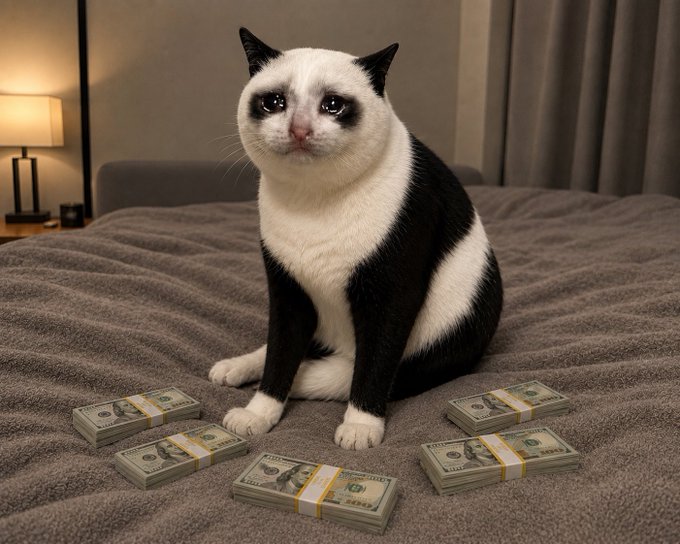 A sad-looking black and white cat sitting on a brown bed surrounded by four stacks of bundled US dollar bills.